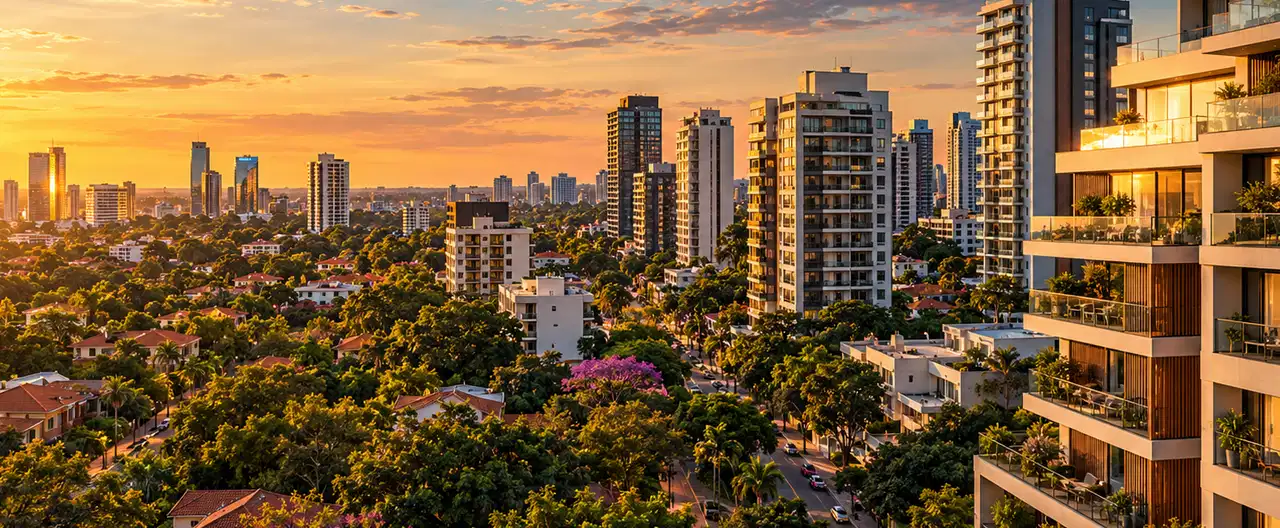 Paisagem imobiliária ilustrativa por IA para a página Apartamentos à venda em San Ignacio Guazú: guia e imobiliárias | InmueblesPY; não representa imóvel anunciado