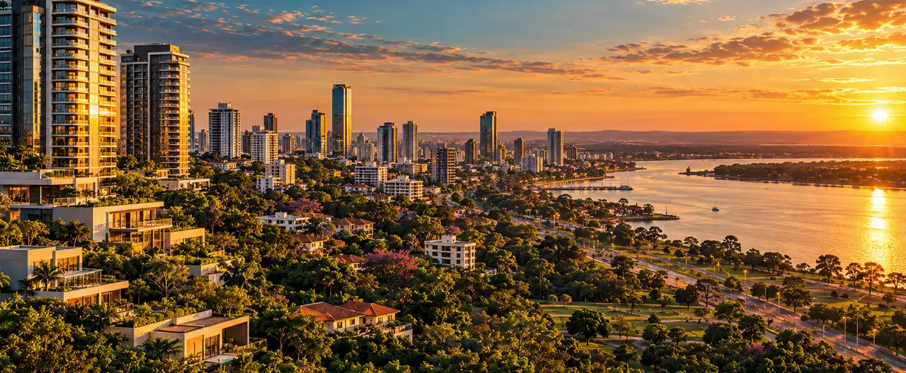 Paisagem imobiliária ilustrativa por IA para a página Apartamentos à venda em San Juan del Paraná: guia e imobiliárias | InmueblesPY; não representa imóvel anunciado