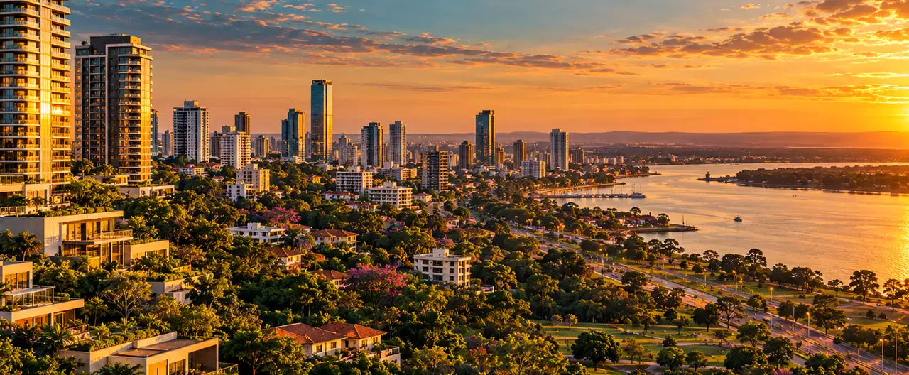Paisagem imobiliária ilustrativa por IA para a página Apartamentos à venda em San Lorenzo: guia e imobiliárias | InmueblesPY; não representa imóvel anunciado