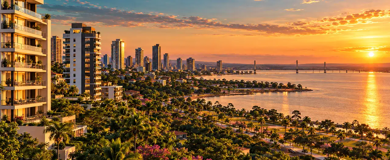 Paisagem imobiliária ilustrativa por IA para a página Apartamentos à venda em San Pedro de Ycuamandiyú: guia e imobiliárias | InmueblesPY; não representa imóvel anunciado