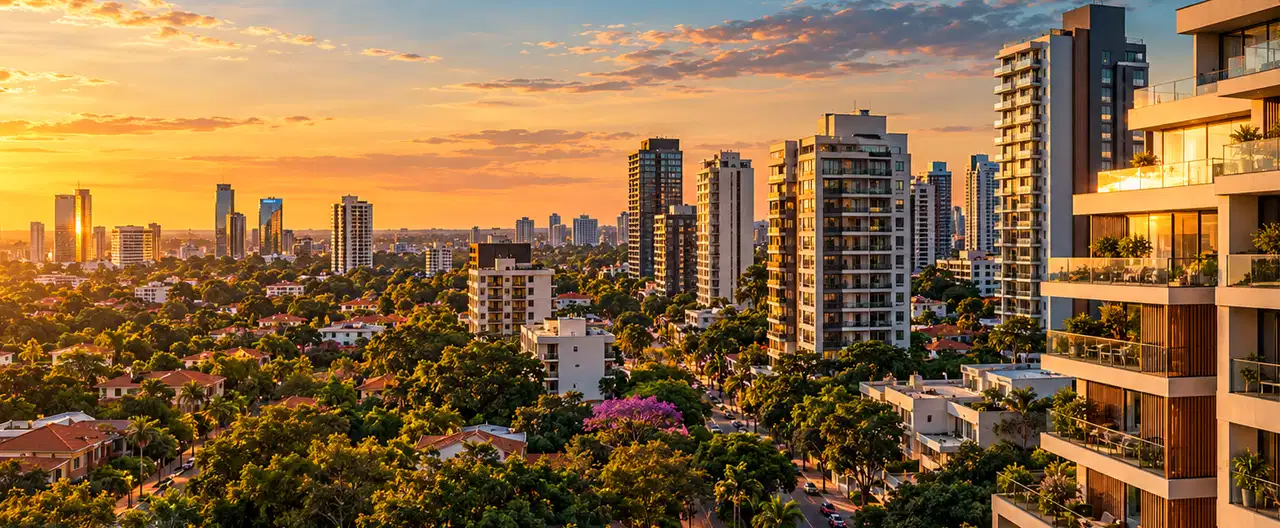Paisagem imobiliária ilustrativa por IA para a página Apartamentos à venda em San Rafael del Paraná: guia e imobiliárias | InmueblesPY; não representa imóvel anunciado