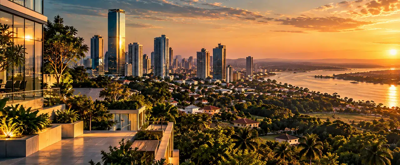 Paisagem imobiliária ilustrativa por IA para a página Apartamentos à venda em San Roque: guia e imobiliárias | InmueblesPY; não representa imóvel anunciado