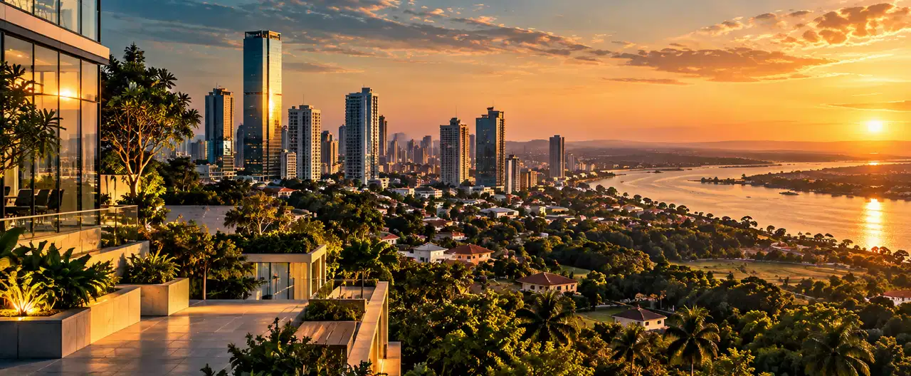 Paisagem imobiliária ilustrativa por IA para a página Apartamentos à venda em Santa Rosa del Aguaray: guia e imobiliárias | InmueblesPY; não representa imóvel anunciado