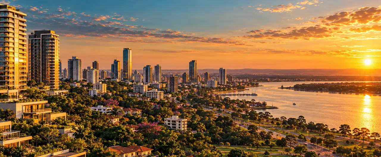 Paisagem imobiliária ilustrativa por IA para a página Apartamentos à venda em Santiago: guia e imobiliárias | InmueblesPY; não representa imóvel anunciado