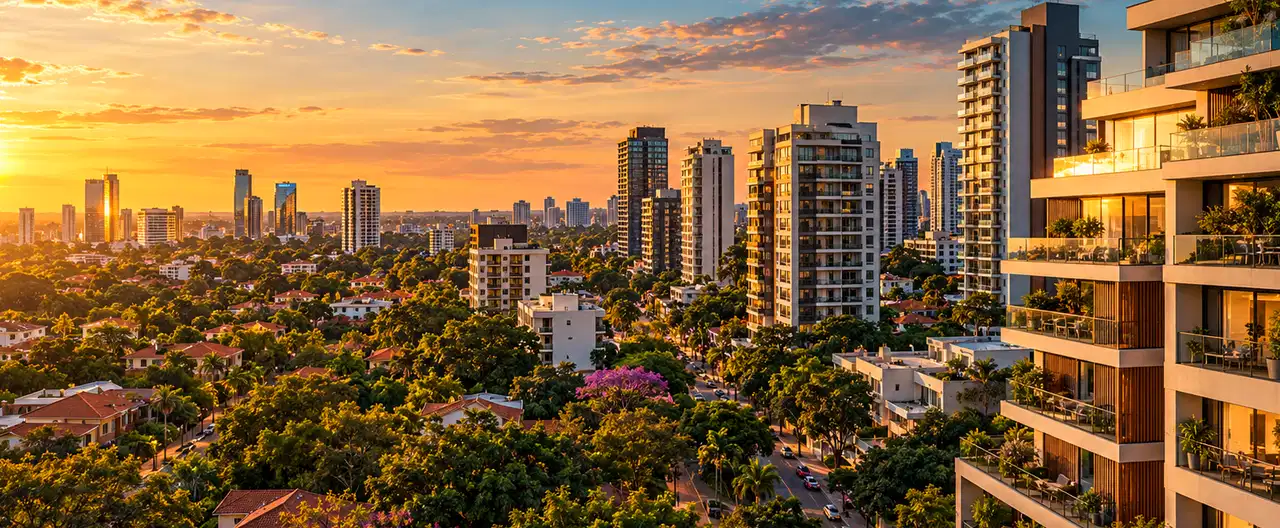 Paisagem imobiliária ilustrativa por IA para a página Apartamentos à venda em Tavapy: guia e imobiliárias | InmueblesPY; não representa imóvel anunciado