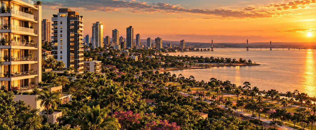 Paisagem imobiliária ilustrativa por IA para a página Apartamentos à venda em Tomás Romero Pereira: guia e imobiliárias | InmueblesPY; não representa imóvel anunciado