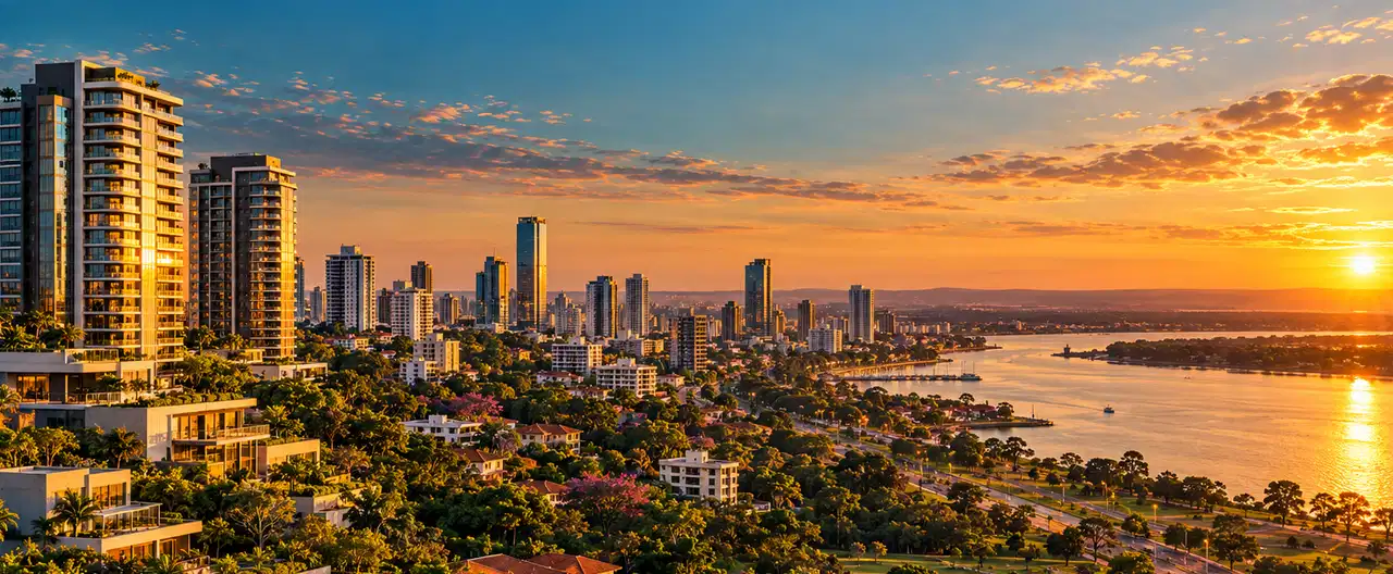 Paisagem imobiliária ilustrativa por IA para a página Apartamentos à venda em Tres de Mayo: guia e imobiliárias | InmueblesPY; não representa imóvel anunciado