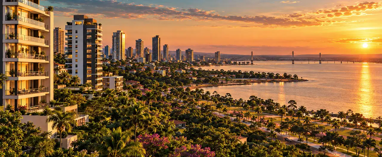 Paisagem imobiliária ilustrativa por IA para a página Apartamentos à venda em Unión: guia e imobiliárias | InmueblesPY; não representa imóvel anunciado
