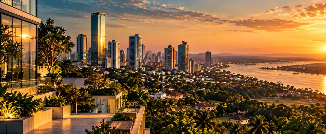 Paisagem imobiliária ilustrativa por IA para a página Apartamentos à venda em Vaquería: guia e imobiliárias | InmueblesPY; não representa imóvel anunciado