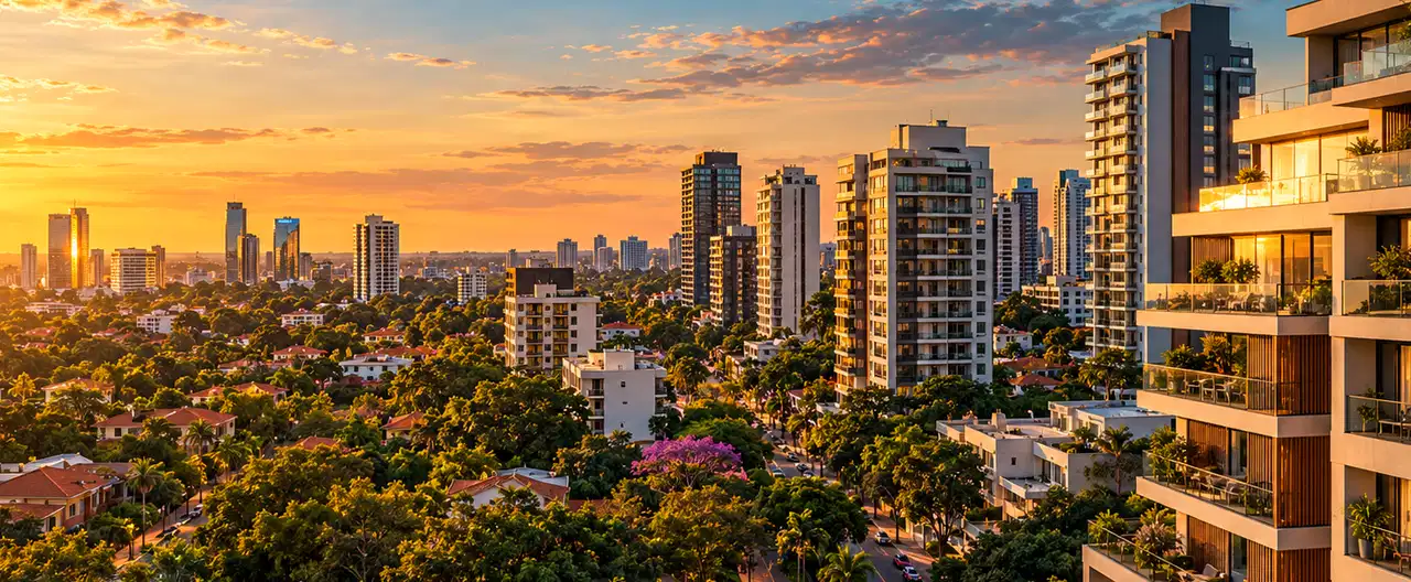 Paisagem imobiliária ilustrativa por IA para a página Apartamentos à venda em Villa Elisa: guia e imobiliárias | InmueblesPY; não representa imóvel anunciado