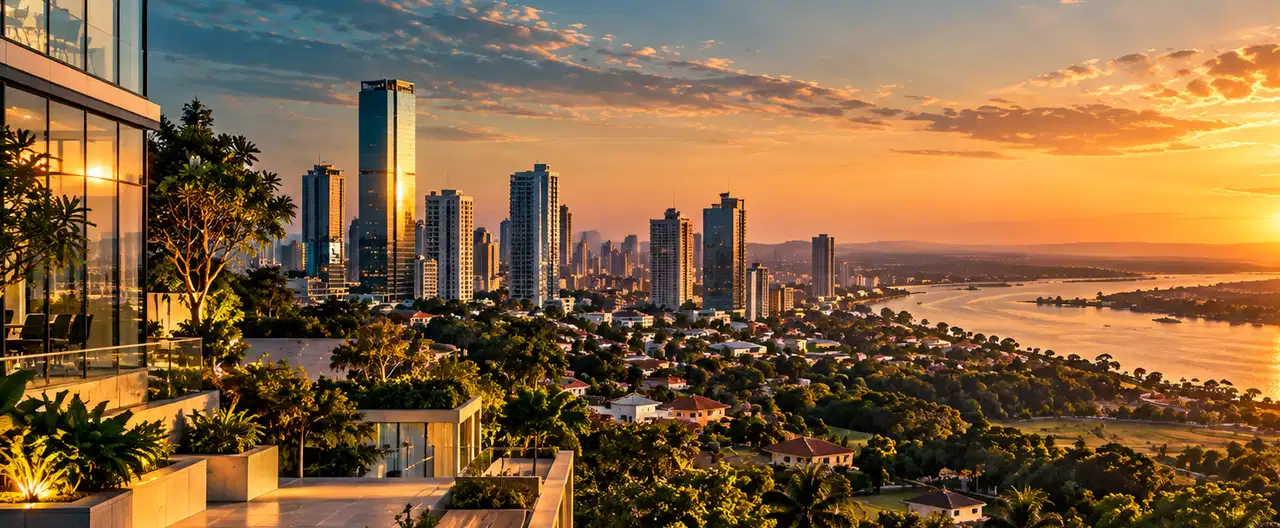Paisagem imobiliária ilustrativa por IA para a página Apartamentos à venda em Villa Ygatimí: guia e imobiliárias | InmueblesPY; não representa imóvel anunciado