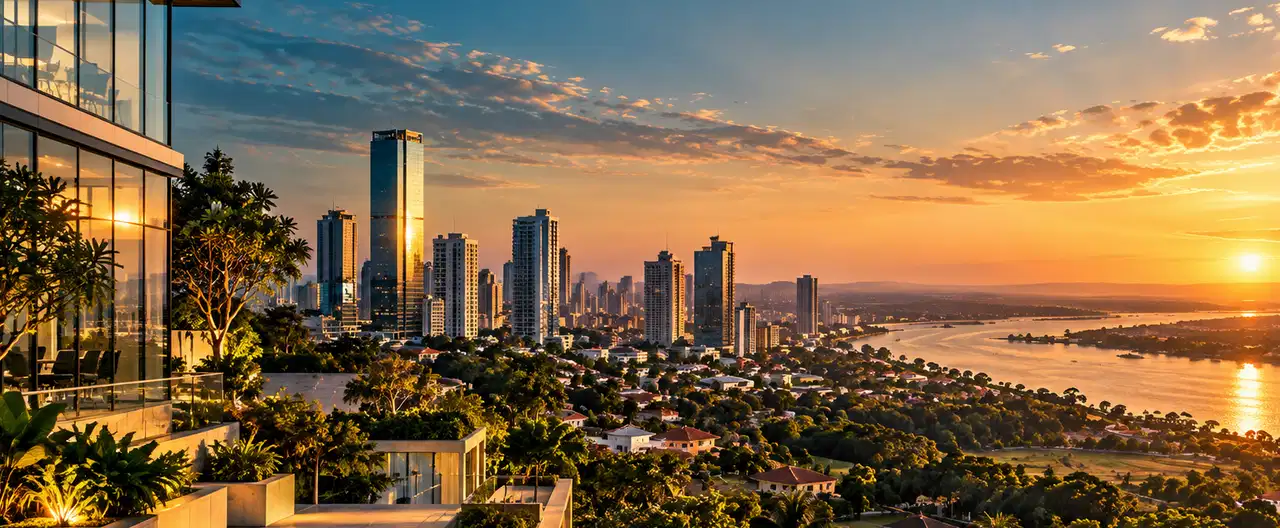 Paisagem imobiliária ilustrativa por IA para a página Apartamentos à venda em Villeta: guia e imobiliárias | InmueblesPY; não representa imóvel anunciado