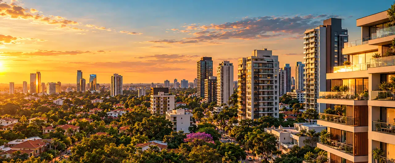 Paisagem imobiliária ilustrativa por IA para a página Apartamentos à venda em Yaguarón: guia e imobiliárias | InmueblesPY; não representa imóvel anunciado