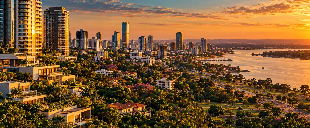 Paisagem imobiliária ilustrativa por IA para a página Apartamentos à venda em Yasy Cañy: guia e imobiliárias | InmueblesPY; não representa imóvel anunciado