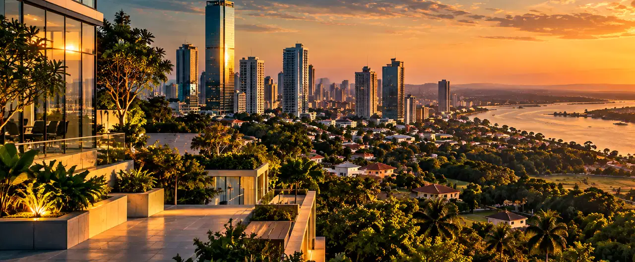 Paisagem imobiliária ilustrativa por IA para a página Apartamentos à venda em Yby Yaú: guia e imobiliárias | InmueblesPY; não representa imóvel anunciado