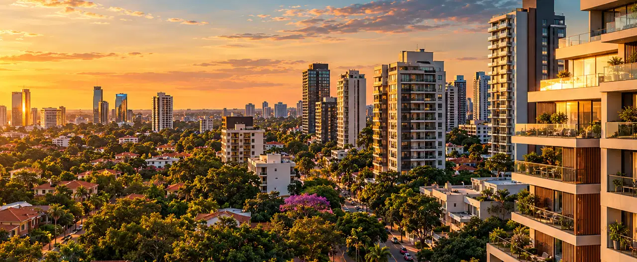 Paisagem imobiliária ilustrativa por IA para a página Apartamentos à venda em Yguazú: guia e imobiliárias | InmueblesPY; não representa imóvel anunciado
