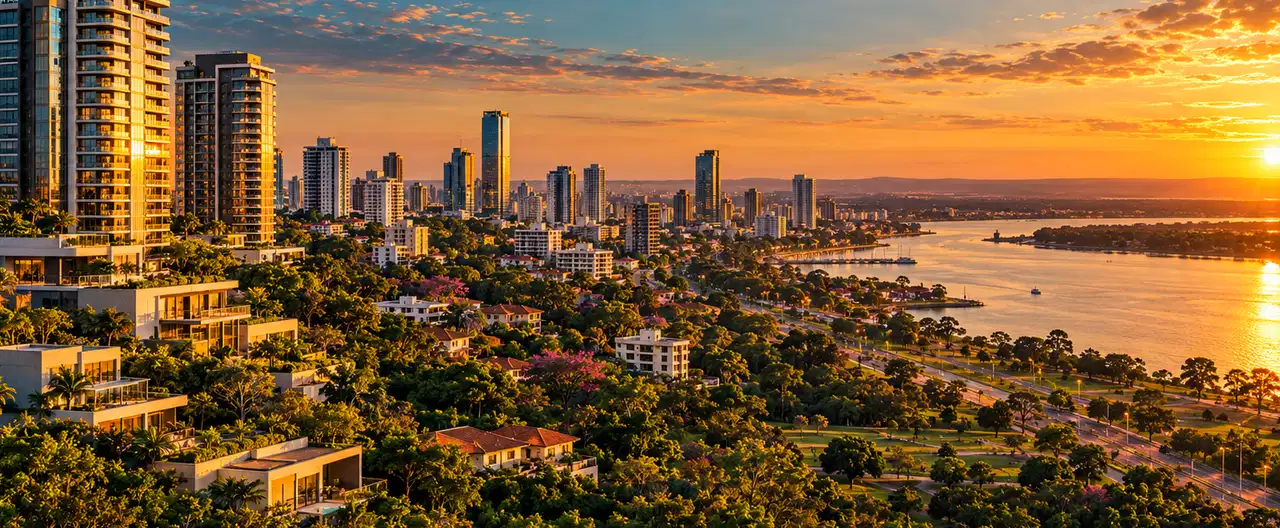 Paisagem imobiliária ilustrativa por IA para a página Apartamentos à venda em Yhú: guia e imobiliárias | InmueblesPY; não representa imóvel anunciado