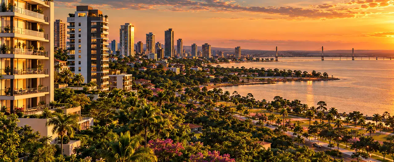 Paisagem imobiliária ilustrativa por IA para a página Apartamentos à venda em Ypacaraí: guia e imobiliárias | InmueblesPY; não representa imóvel anunciado