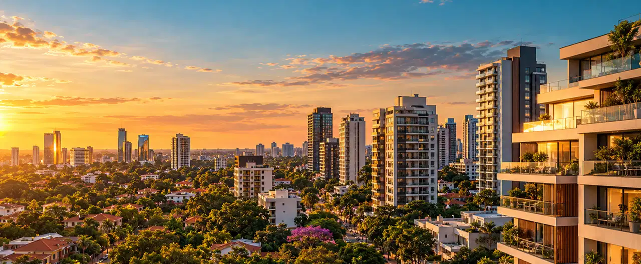 Paisagem imobiliária ilustrativa por IA para a página Apartamentos à venda em Ypejhú: guia e imobiliárias | InmueblesPY; não representa imóvel anunciado