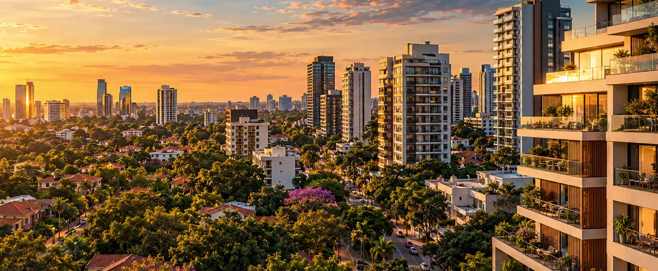 Paisagem imobiliária ilustrativa por IA para a página Apartamentos à venda em Yuty: guia e imobiliárias | InmueblesPY; não representa imóvel anunciado