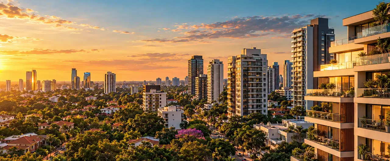 Paisagem imobiliária ilustrativa por IA para a página Apartamentos à venda em Zanja Pytá: guia e imobiliárias | InmueblesPY; não representa imóvel anunciado
