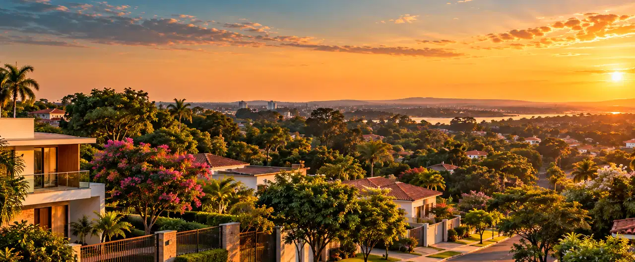 Paisagem imobiliária ilustrativa por IA para a página Areguá Bienes Raíces: perfil de imobiliária e contatos | InmueblesPY; não representa imóvel anunciado