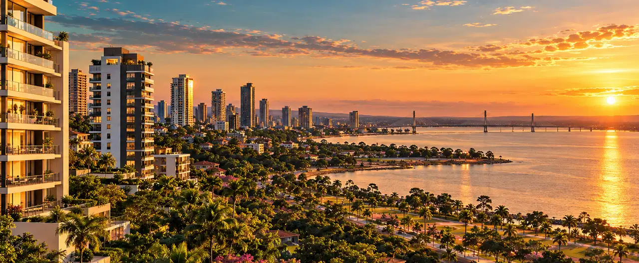 Paisagem imobiliária ilustrativa por IA para a página Atlántica de Inmuebles S.A. — Caaguazú: perfil de imobiliária e contatos | InmueblesPY; não representa imóvel anunciado