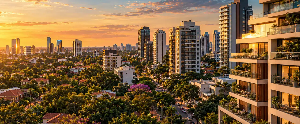 Paisagem imobiliária ilustrativa por IA para a página Atlántica de Inmuebles S.A. — Ciudad del Este: perfil de imobiliária e contatos | InmueblesPY; não representa imóvel anunciado