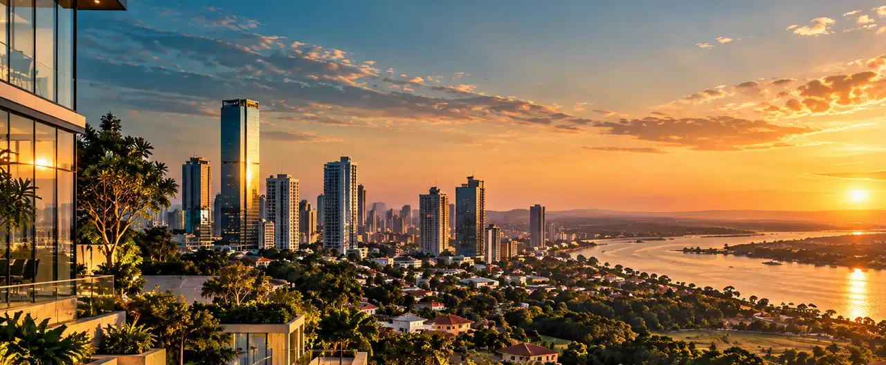 Paisagem imobiliária ilustrativa por IA para a página Atlántica de Inmuebles S.A. — María Auxiliadora: perfil de imobiliária e contatos | InmueblesPY; não representa imóvel anunciado