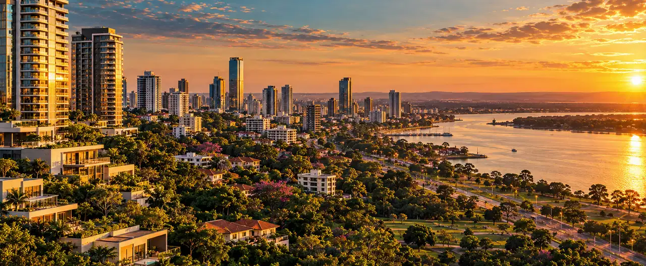 Paisagem imobiliária ilustrativa por IA para a página Aurora Inmobiliaria S.A. — Sucursal Pilar: perfil de imobiliária e contatos | InmueblesPY; não representa imóvel anunciado