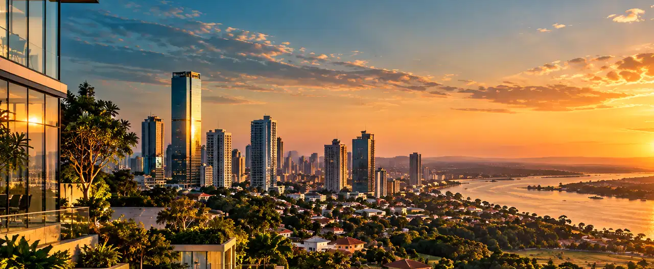 Paisagem imobiliária ilustrativa por IA para a página Austral Inmobiliaria: perfil de imobiliária e contatos | InmueblesPY; não representa imóvel anunciado