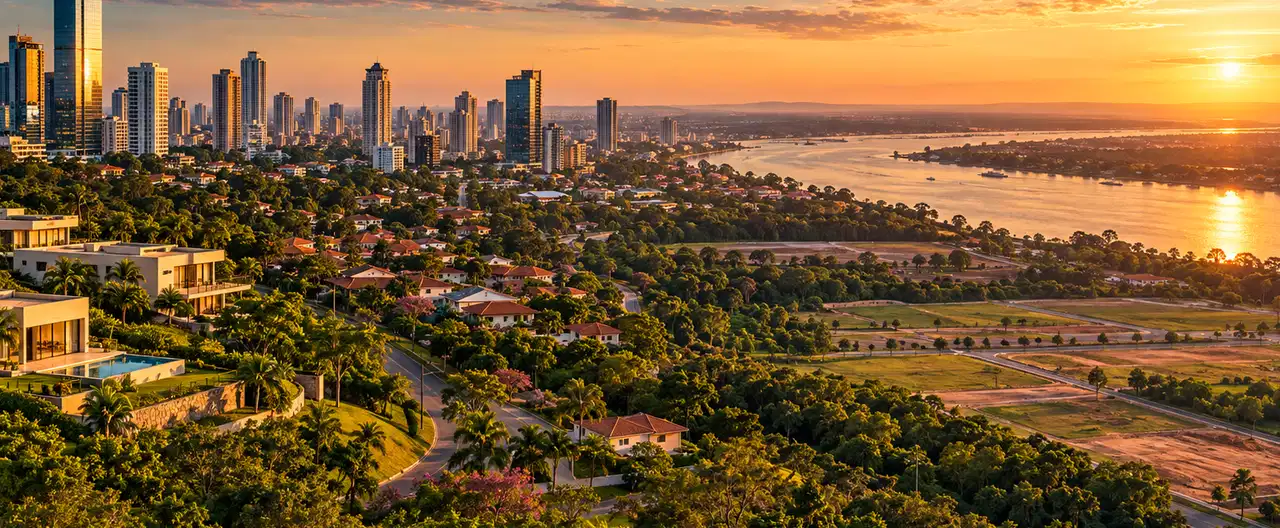 Paisagem imobiliária ilustrativa por IA para a página BROKERS: perfil de imobiliária e contatos | InmueblesPY; não representa imóvel anunciado