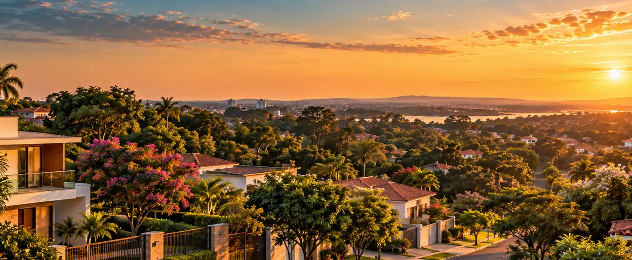 Paisagem imobiliária ilustrativa por IA para a página C4 Inmuebles: perfil de imobiliária e contatos | InmueblesPY; não representa imóvel anunciado