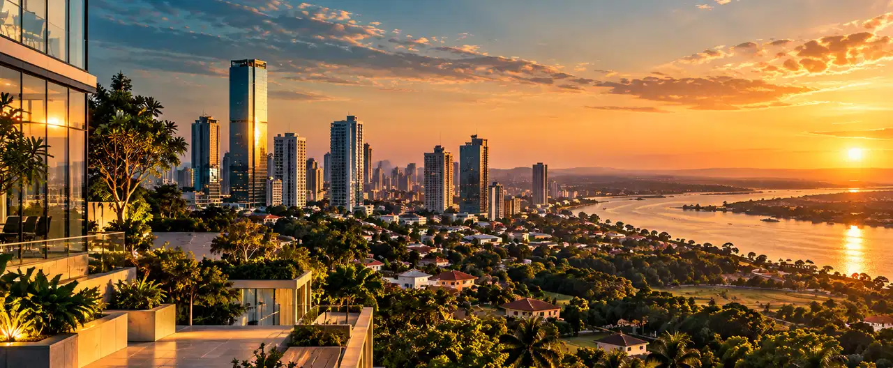 Paisagem imobiliária ilustrativa por IA para a página Caacupé Inmobiliaria S.R.L.: perfil de imobiliária e contatos | InmueblesPY; não representa imóvel anunciado