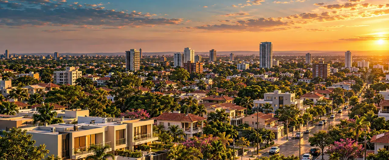 Paisagem imobiliária ilustrativa por IA para a página Casas à venda em Abaí: guia e imobiliárias | InmueblesPY; não representa imóvel anunciado