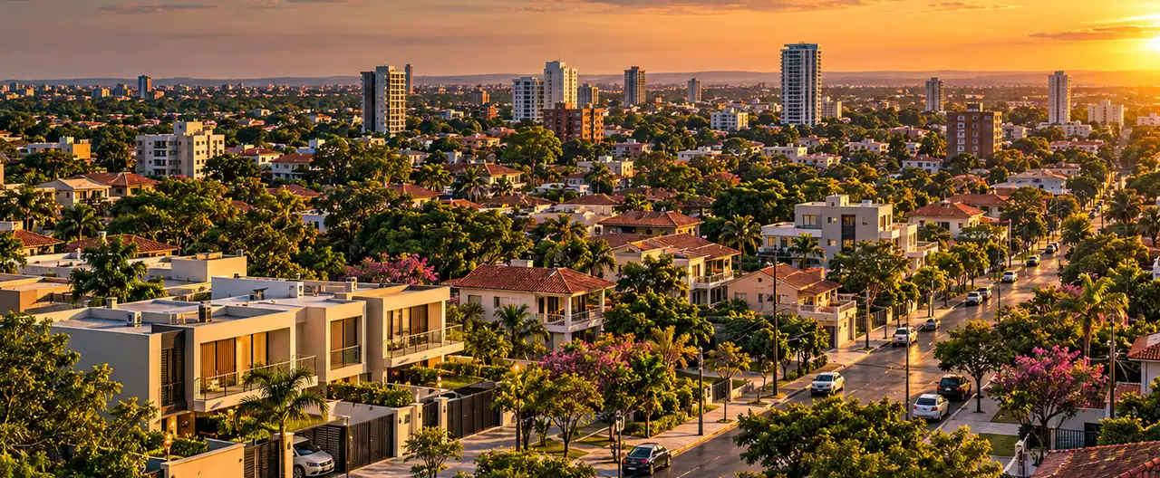 Paisagem imobiliária ilustrativa por IA para a página Casas à venda em Alberdi: guia e imobiliárias | InmueblesPY; não representa imóvel anunciado