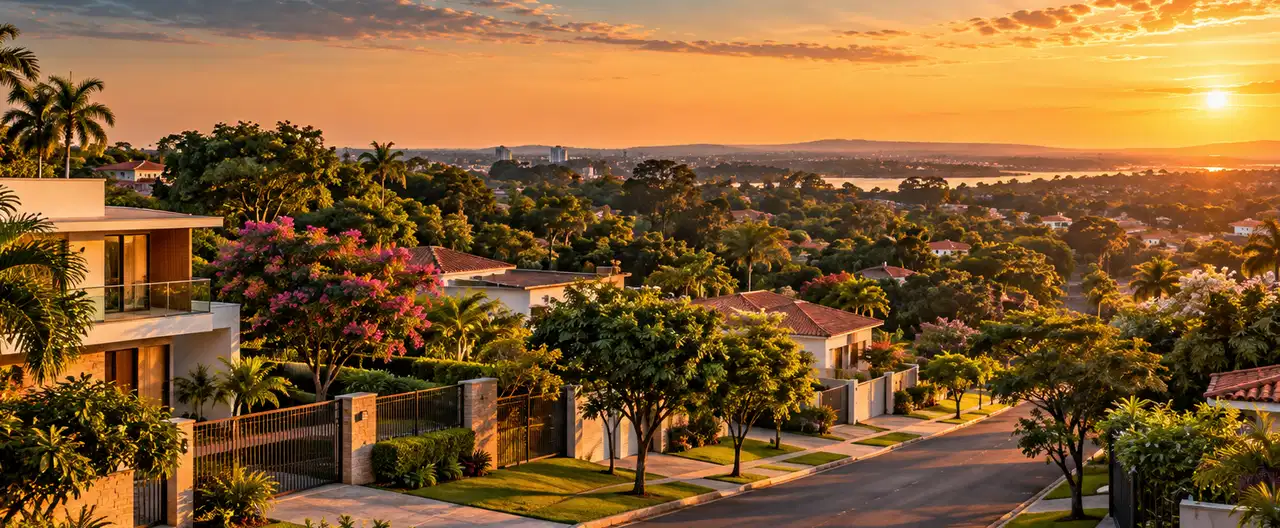 Paisagem imobiliária ilustrativa por IA para a página Casas à venda em Arroyito: guia e imobiliárias | InmueblesPY; não representa imóvel anunciado