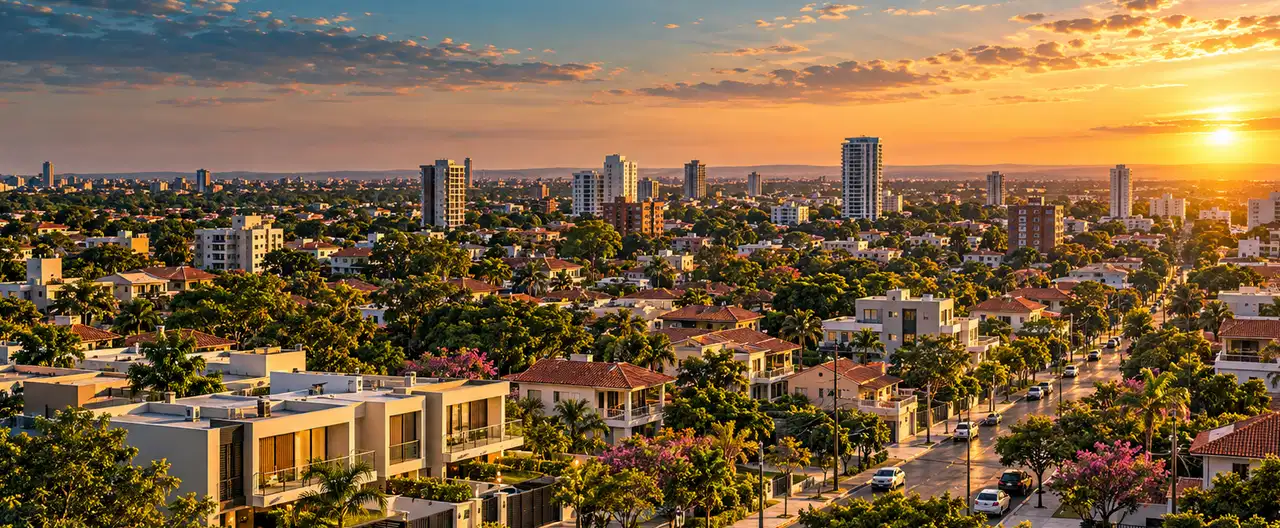 Paisagem imobiliária ilustrativa por IA para a página Casas à venda em Azotey: guia e imobiliárias | InmueblesPY; não representa imóvel anunciado