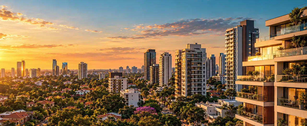 Paisagem imobiliária ilustrativa por IA para a página Casas à venda em Caraguatay: guia e imobiliárias | InmueblesPY; não representa imóvel anunciado