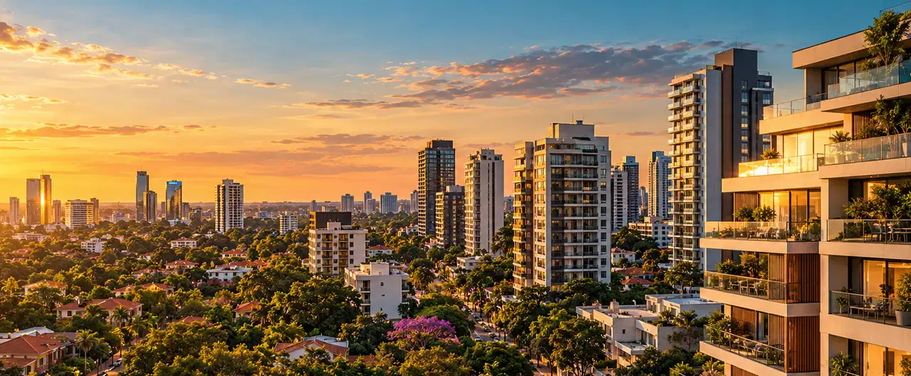 Paisagem imobiliária ilustrativa por IA para a página Casas à venda em Carlos Antonio López: guia e imobiliárias | InmueblesPY; não representa imóvel anunciado
