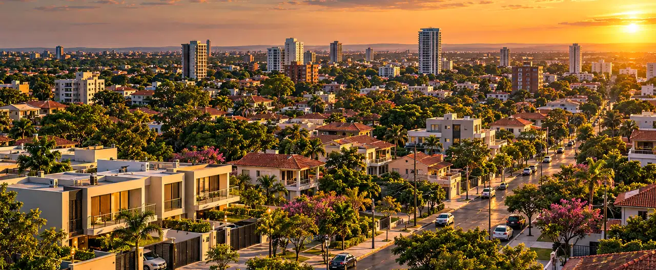 Paisagem imobiliária ilustrativa por IA para a página Casas à venda em Ciudad del Este: guia e imobiliárias | InmueblesPY; não representa imóvel anunciado