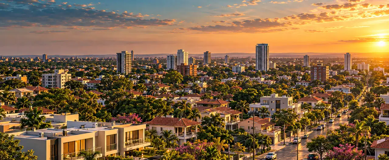Paisagem imobiliária ilustrativa por IA para a página Casas à venda em Coronel Bogado: guia e imobiliárias | InmueblesPY; não representa imóvel anunciado