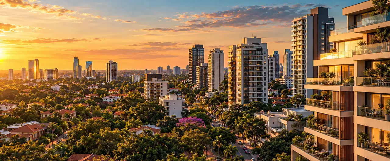 Paisagem imobiliária ilustrativa por IA para a página Casas à venda em Encarnación: guia e imobiliárias | InmueblesPY; não representa imóvel anunciado