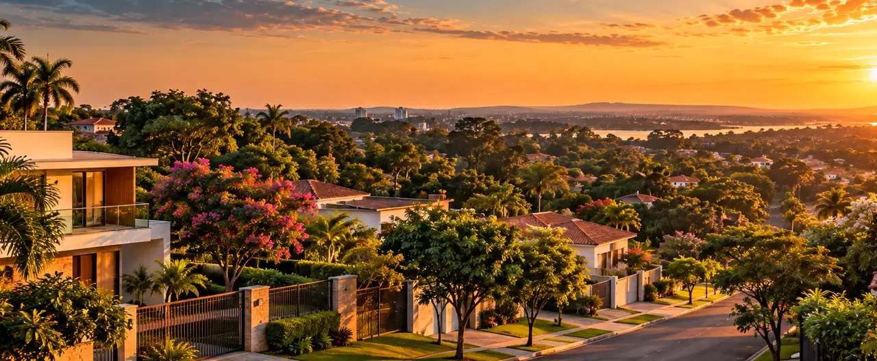 Paisagem imobiliária ilustrativa por IA para a página Casas à venda em Fernando de la Mora: guia e imobiliárias | InmueblesPY; não representa imóvel anunciado