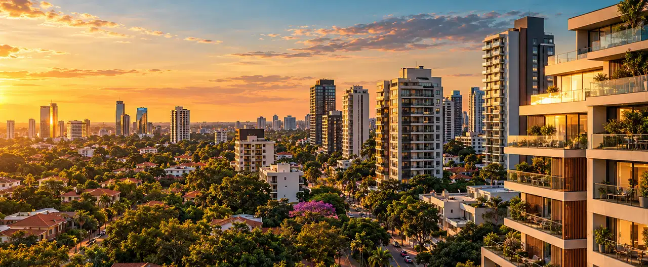 Paisagem imobiliária ilustrativa por IA para a página Casas à venda em General Delgado: guia e imobiliárias | InmueblesPY; não representa imóvel anunciado