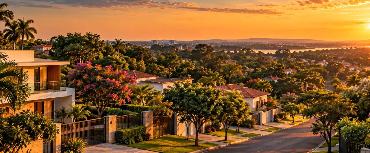 Paisagem imobiliária ilustrativa por IA para a página Casas à venda em General Eugenio A. Garay: guia e imobiliárias | InmueblesPY; não representa imóvel anunciado