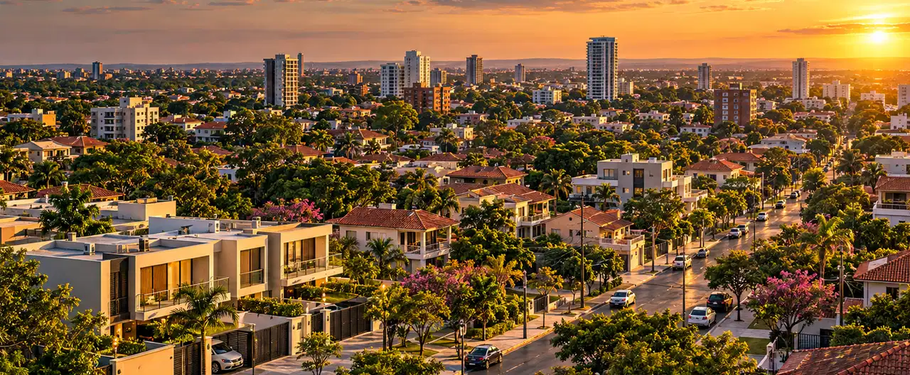 Paisagem imobiliária ilustrativa por IA para a página Casas à venda em General Isidoro Resquín: guia e imobiliárias | InmueblesPY; não representa imóvel anunciado
