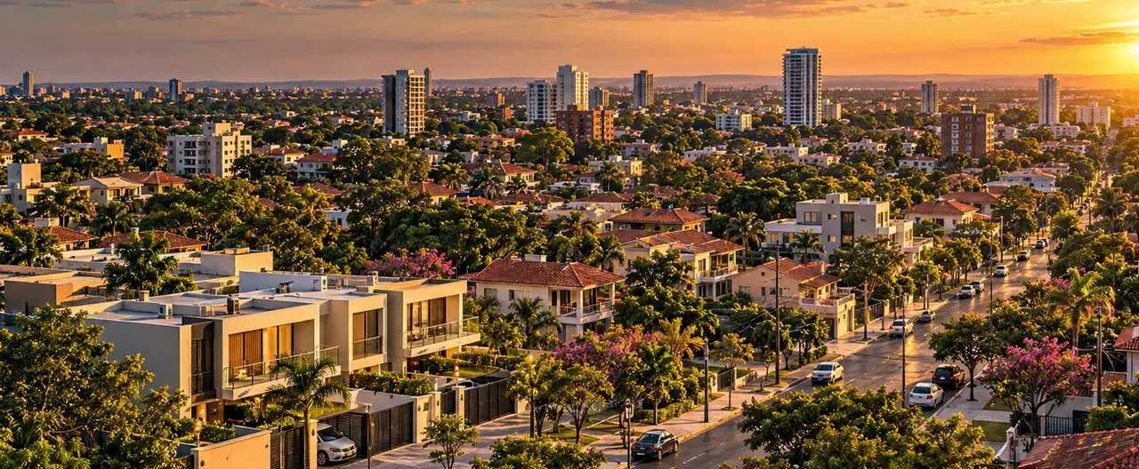 Paisagem imobiliária ilustrativa por IA para a página Casas à venda em Guarambaré: guia e imobiliárias | InmueblesPY; não representa imóvel anunciado