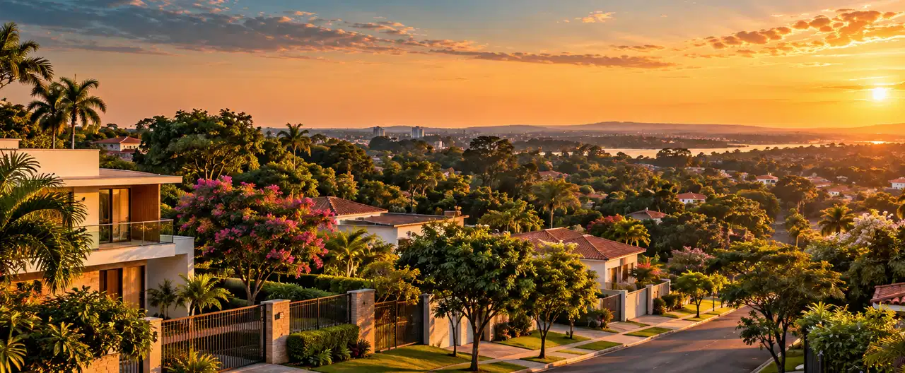Paisagem imobiliária ilustrativa por IA para a página Casas à venda em Guayaibí: guia e imobiliárias | InmueblesPY; não representa imóvel anunciado