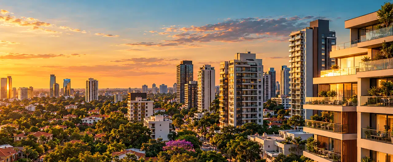 Paisagem imobiliária ilustrativa por IA para a página Casas à venda em Hohenau: guia e imobiliárias | InmueblesPY; não representa imóvel anunciado
